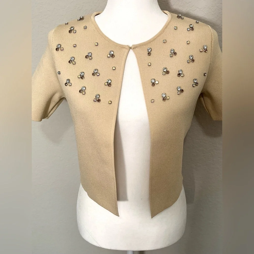 Zara Short Sleeve Rhinestone Embellished Minimalist Cardigan Sweater Size S